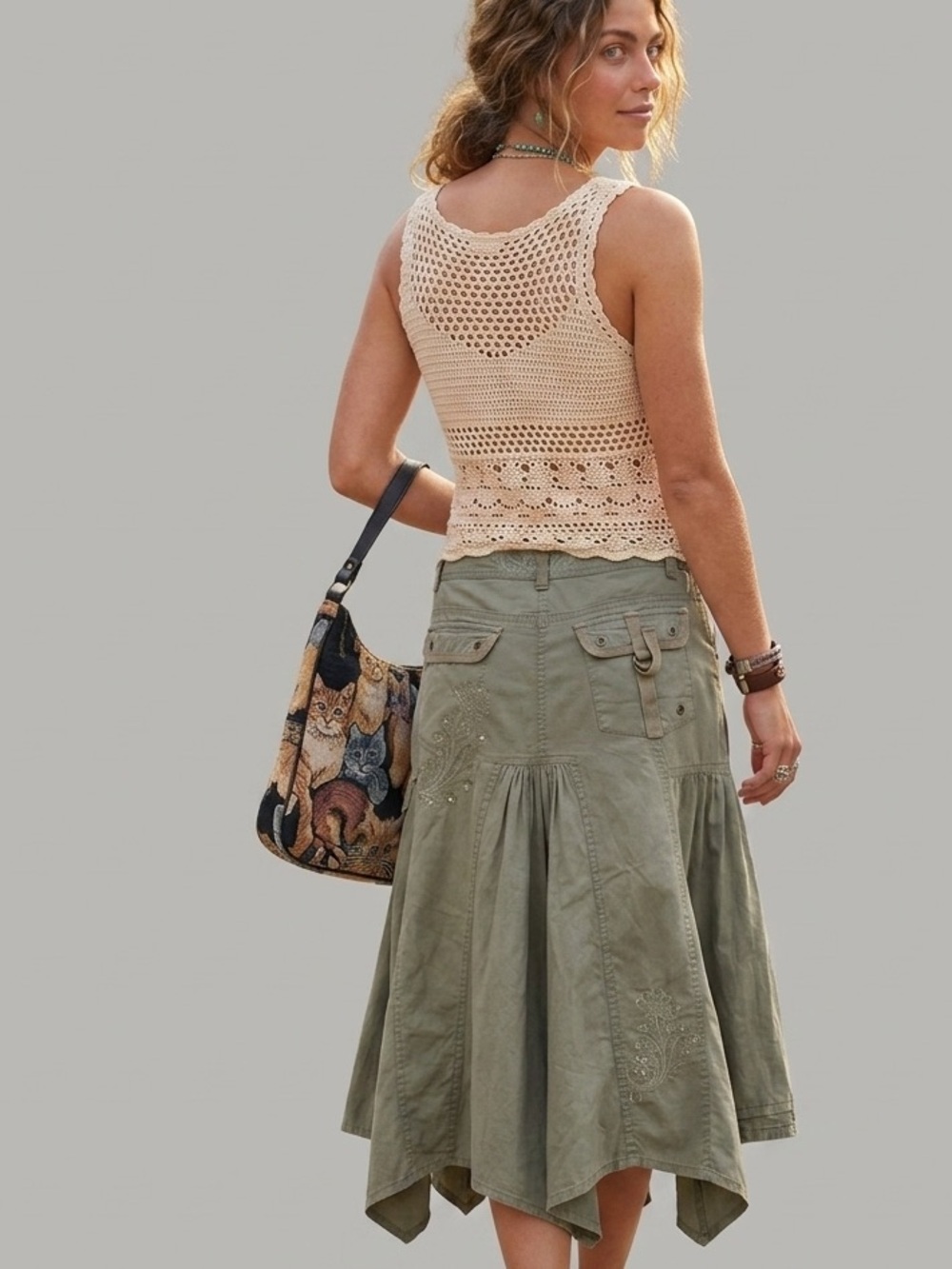 Vintage Warehouse Y2K Olive Green Cargo Grunge Midi Skirt size 6/ modern 8 - Picture 11 of 13